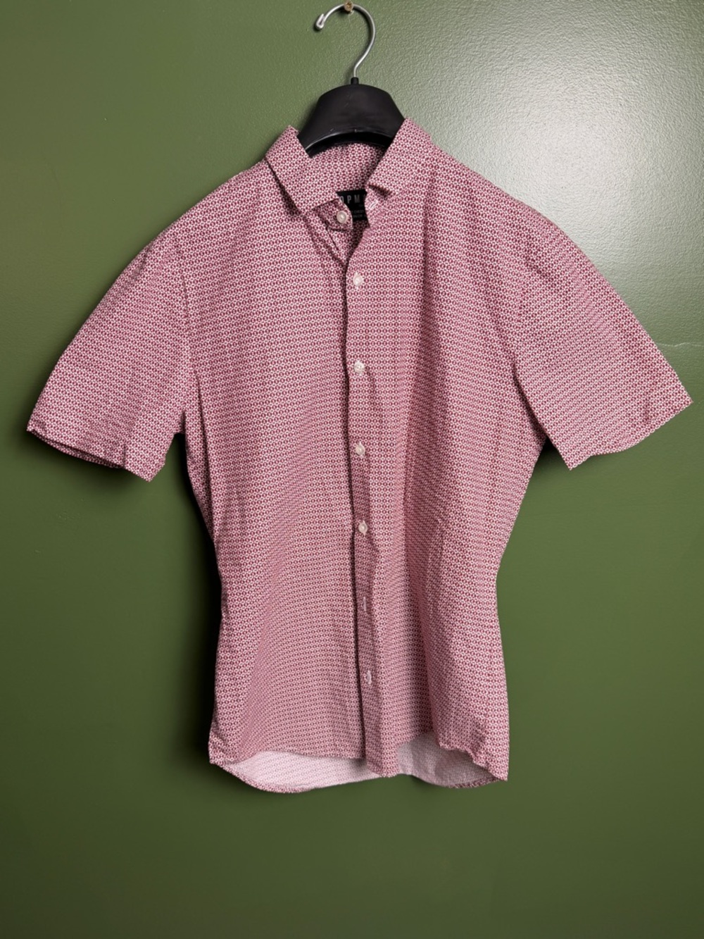 Men's Topman Short-Sleeve Button-Up Shirt Red and White pattern US S 36-38